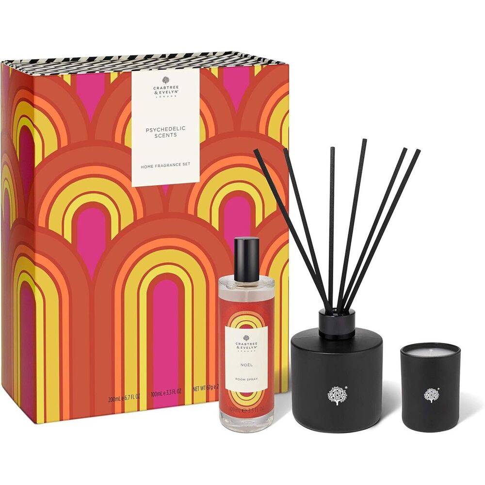 Crabtree & Evelyn Psychedelic Scents NOEL Set- Reed Diffuser, Candle, Room Spray